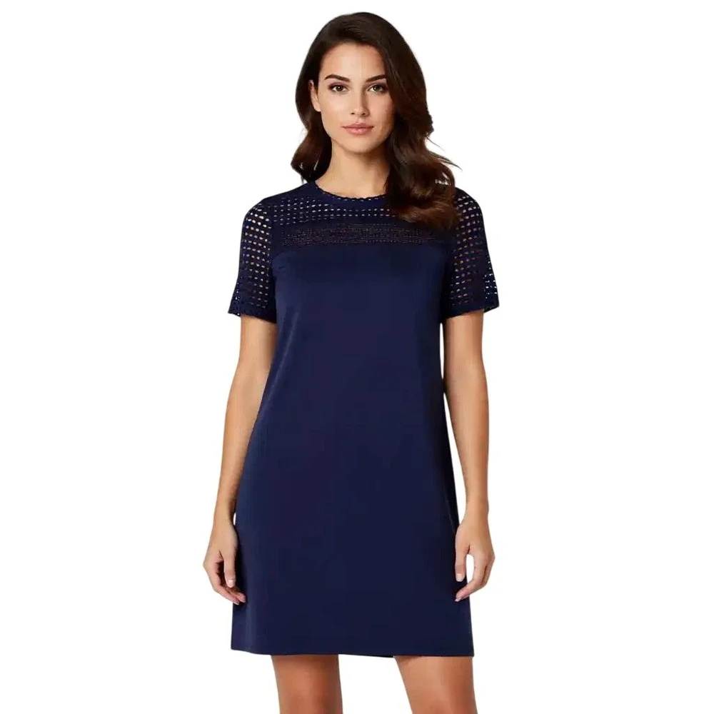 Michael Kors Navy Blue Eyelet Laser Cut Shift Dress Short Sleeve Crew Neck M